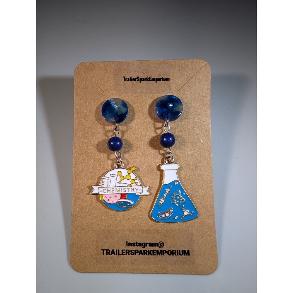TrailerSparkEmporium Chemistry Science Enamel Drop Earrings Blue Nickel Free NEW